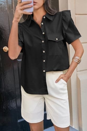 Cicy Bell Womens Ruffle Button Down Shirts Dressy Casual Short Puff Sleeve Cotton Tops Summer Loose Fit V Neck Blouses Black - Thumbnail 2