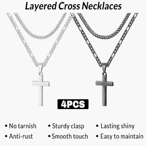 AOzT 4pcs Cross Necklace for Men - Mens Necklace Layered Stainless Steel Cross Necklace for Men Pendant Chain Silver Cross Necklaces for Men Jewelry 18-24 Inches Black - Thumbnail 2
