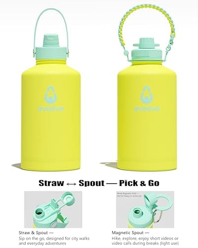 avodvo 1 Gallon Water Bottle with 2 Lids (2-in-1 Straw & Spout Lid, Magnetic Lid), Insulated Water Bottle with Strap, Stainless Steel Water Bottle for Hiking, Gym, Travel, BPA-Free, Yellow - Thumbnail 3