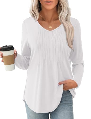 JUSTFASHIONNOW Women Long Sleeve Tops Winter Shirts Loose Fit Pleated Outfits V Neck Fashion Casual Blouses Ladies Curved Hem Teacher Business Tunics (White, Small) - Thumbnail 4