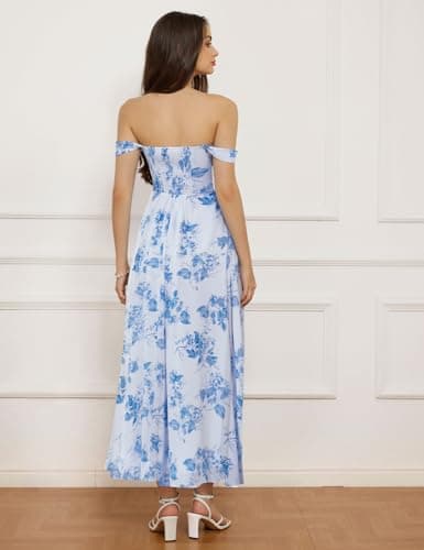 Summer White-Blue Floral Dress for Women 2026,Off the Shoulder Smocked Bridesmaid Dresses,Formal Baby Shower Maxi Dressesl M - Thumbnail 3