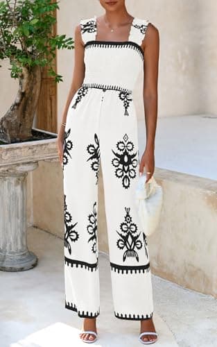 PRETTYGARDEN Womens Jumpsuit Casual One Piece Boho Summer Outfits Shirred Strap Wide Leg Long Pants Rompers With Pockets (White Black Flower, Small) - Thumbnail 3