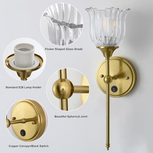 BOXCUPIN Modern Wall Sconces with Clear Flower Glass Shade 1 Pack, Mid Century Bathroom Vanity Wall Light Fixtures Gold Vintage Wall Lights with Switch for Mirror Bedroom Living Room - Thumbnail 3