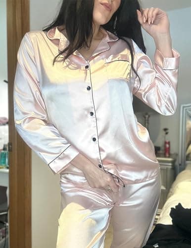 Pjmlifecoco Button Down Pajamas Women Silk Satin Pajama Set Long Sleeve Soft 2 Piece Pjs Solid Cozy Sleepwear Pink - Thumbnail 3