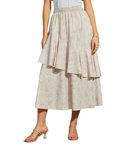 Women's Casual Vintage Paisley Print Tiered Midi A Line Ruffle Layered Flowy High Elastic Waist Boho Midi Skirt with Pockets for Beach Vacation Summer Weekends Wear to Work 2026 Trendy Skirts - Image 1