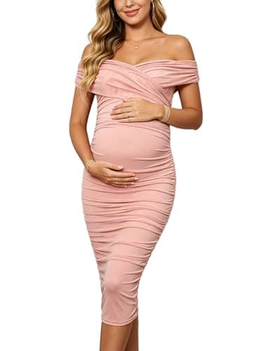 Yissang Maternity Dress Dusty Pink Off Shoulder Ruched Bodycon Midi Dress for Baby Shower Party Photoshoot - Image 1