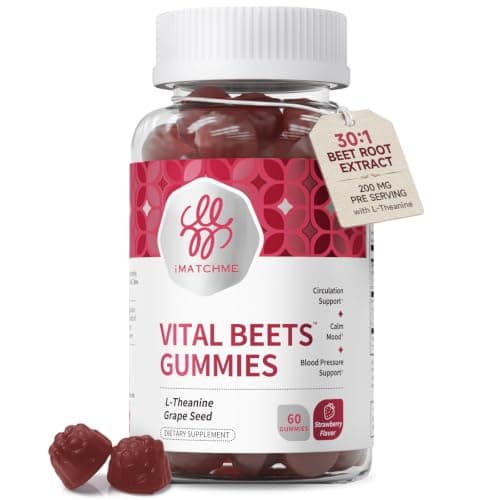 Beet Root Gummies – Blood Pressure & Cardiovascular Support, Beetroot Gummies for Heart Health & Circulation, Nitric Oxide Beets with Grape Seed & L-Theanine for Calm Mood, Sugar-Free Vegan, 60 Chews - Image 1
