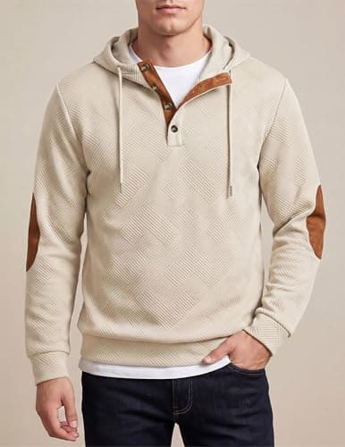 JMIERR Hoodies for men Casual Cotton Textured Long Sleeve Quarter Collar Drawstring Button Pullover Hooded Early Fall Fashion Sweatshirts, S, Beige - Thumbnail 3