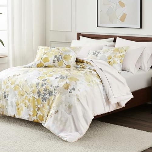Regency Heights King Comforter Set Yellow Bed Set, 9 Pieces Cute Floral Bedding Set Ultra Soft Botanical Flowers Comforter, Sheets, Pillowcases & Shams - Thumbnail 2