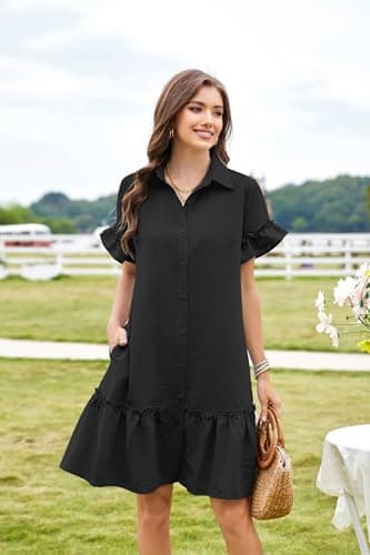 CCTOO Women's Summer Dresses Casual V Neck Button Down 3/4 Sleeve Floral Print Loose Flowy Shirt Dress 06 Black L - Thumbnail 2