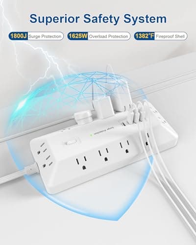 6 Ft Surge Protector Power Strip with 1800J, Extension Cord with Multiple Outlets 12AC+4USB(2USB-C Port for 20W), Flat Plug Outlet Extender with 1625W/13A for Laptop, Desk, Home Office Dorm - Thumbnail 3