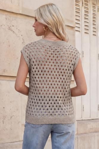 Arach&Cloz Women's Cashmere Wool Blend Knit V-Neck Loose Sleeveless Pullover Crochet Cap Hollow Out Dressy Casual Travel Vacation Beach Cover Up Sweater Vests Top Fall Summer Brown L - Thumbnail 3