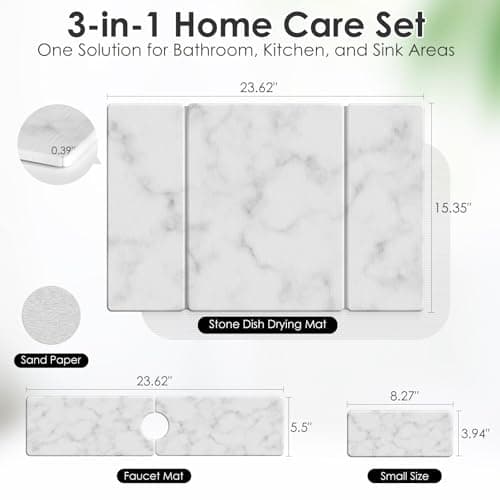 3-Piece Stone Dish Drying Mat Set for Kitchen Counter -24"x16" Large Absorbent Diatomaceous Earth Mat for Kitchen Counter, Stone Faucet Drip Catcher & Soap Tray- Quick Dry, Non-Slip - Thumbnail 6