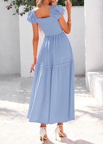 KIRUNDO Smocked Summer Dresses for Women 2026 Wedding Guest Midi Flowy Ruffle Short Sleeve Square Neck Tiered Sundress(Baby Blue, Medium) - Thumbnail 2
