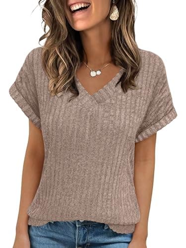 ANRABESS Women Tops Summer Sweaters Short Sleeve V Neck Shirts 2026 Spring Fashion Dressy Casual Business Tunic Blouses Khaki Small - Image 1