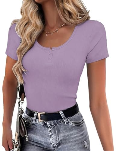 Womens Short Sleeve Tops Stretchy Henley Scoop Neck Fitted Casual Basic Top T-Shirts Ribbed Button Blouses 2026 Summer Trendy Purple S - Thumbnail 2