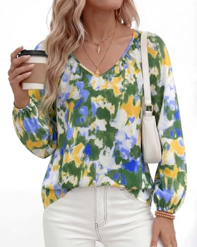 Zenlonr Women's Summer Tops Dressy Casual 2026 V Neck Satin Silk Printed Shirts Boho Long Sleeve Work Blouses(Floral Laurel Green,XX-Large) - Thumbnail 3