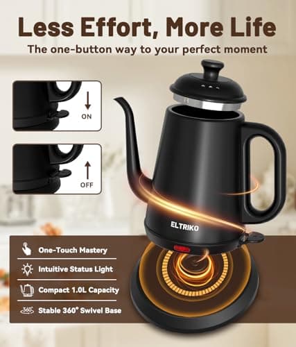 ELTRIKO Gooseneck Electric Kettle, 1L Water Boiler, Pour Over Coffee & Tea, 1000W Fast Heating, Stainless Steel, Auto Shut-Off & Boil-Dry Protection, BPA-Free (Black) - Thumbnail 6