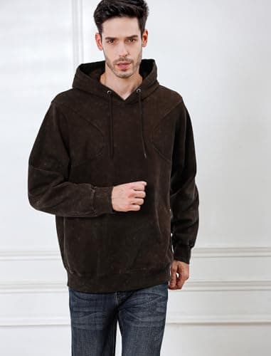 INVICTUSY Men's Oversized Hoodie Pullover Acid Wash Plush Cotton Hooded Fleece Sweatshirt Streetwear Unisex Casual Hoodies C Brown - Thumbnail 5