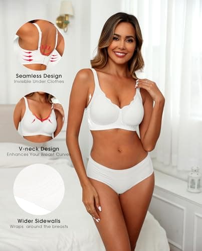 SHIJIALI Women's Seamless Bras Scalloped Push Up Support Full Coverage No Underwire Bra Wireless Comfort Tshirt Bra White - Thumbnail 2