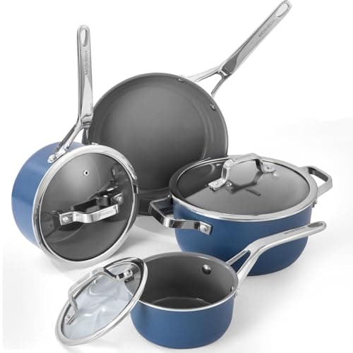 MOSIECH 7-Piece Blue Ceramic Nonstick Cookware Set, Pots and Pans with Glass Lids & Anti-Scald Handles, Non-Toxic PFAS Free, Dishwasher & Oven Safe up to 480°F, Induction & All Stoves Ready - Image 1