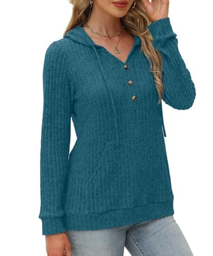 XMTOPYE Sweaters for Women Long Sleeve Hoodies with Buttons Early Fall Fashion Winter Clothing Teal Blue - Thumbnail 3