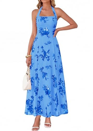 KIRUNDO Women's Summer Sleeveless Halter Floral Maxi Dress 2026 Beach Wedding Guest Cocktail Mesh Flowy A Line Long Sundress(Blue, Medium) - Image 1