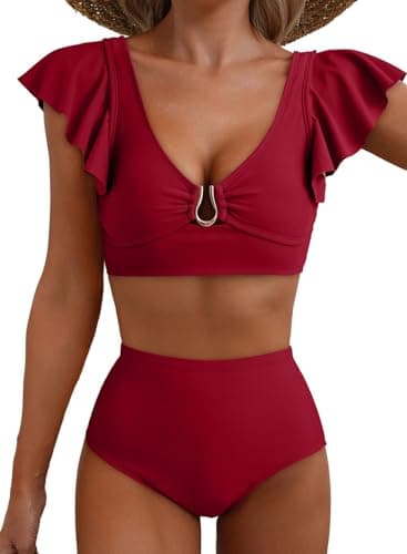 Herseas Swim Suits for Women 2026 Full Coverage Bikini Set High Cut Cheeky Swimsuit 2 Piece Bathing Suit Sweatheart Neck Beach Vacation Essentials Wine Red Medium - Image 1