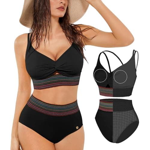 Popilush High Waisted Bikini Sets for Women Tummy Control Swimsuits Two Piece Boho Bathing Suit 4 Way Wear Beach and Pool Size L Color Black - Image 1