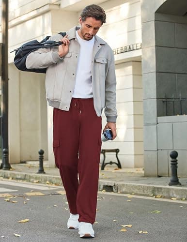 Deyeek Men's Baggy Sweatpants Open Bottom Loose Fit Maroon Cargo Sweatpants for Men Straight Leg Sweat Pants with Pockets 3XL - Thumbnail 6