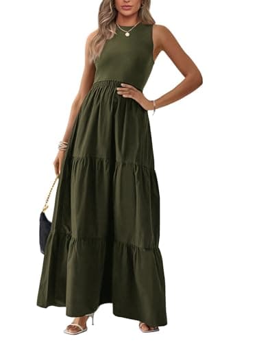 BTFBM Women Sleeveless Summer Dresses Wedding Guest Maxi Dresses Ribbed Knit Tops and Polyester Skirt with Pockets(Solid Army Green,Medium) - Image 1