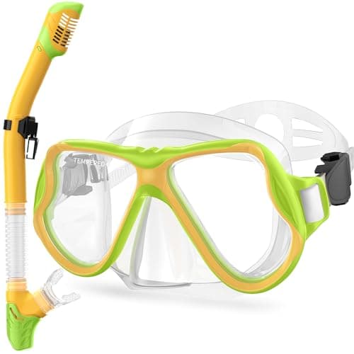 Greatever Snorkeling Gear for Kids, Dry Snorkel Set Panoramic View Snorkel Mask, Anti-Fog Scuba Diving Mask for Kids Youth Age 6-14, Unisex Swimming Goggles (Green Orange) - Image 1