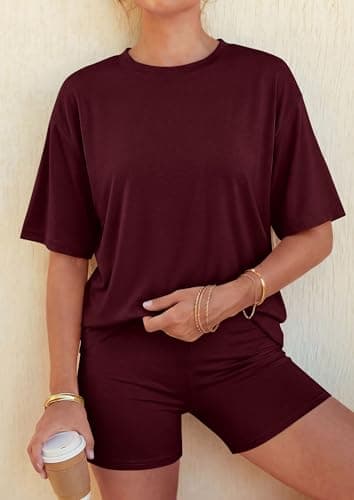 PRETTYGARDEN 2026 Women's Summer 2 Piece Sets Casual Lounge Set Short Sleeve Tops Shirts Shorts Travel Beach Vacation Outfits (Burgundy,X-Small) - Thumbnail 4