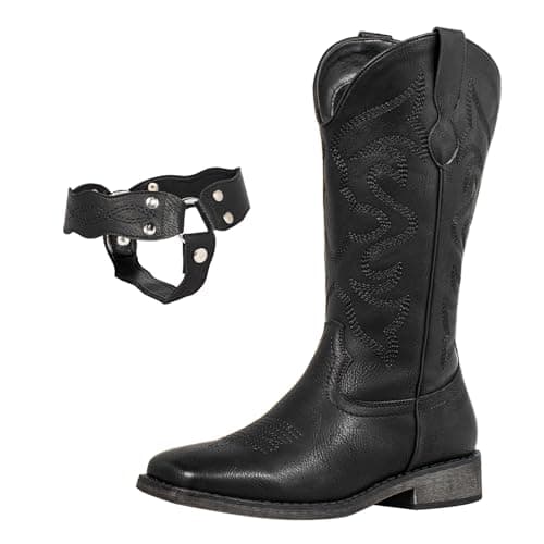 WrangWalker Square Toe Cowboy Boots for Women with Buckle Strap - Lightweight Wide Calf Western Cowgirl Boots with Cushion Insole, Black US 9.5 - Thumbnail 4