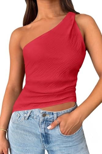 Cicy Bell Womens One Shoulder Tank Tops Summer Going Out Tops Ruched Asymmetrical Sleeveless Shirts Red - Image 1