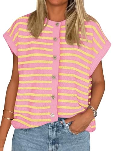Cicy Bell Womens Striped Cap Sleeve Sweater Vest Crew Neck Button Down Cardigan Cute Knit Tops Pink