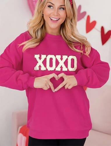 MAPICK Oversized Sweatshirt for Women Letter Printed Hugs and Kisses Sweaters Crewneck Long Sleeve Pullover Tops(Rose Red,Small) - Thumbnail 4