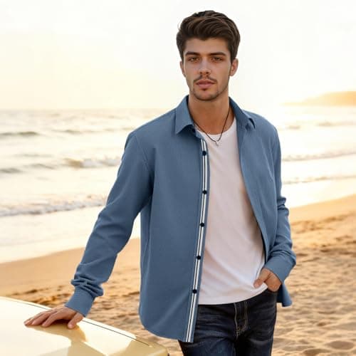 Men’s Casual Untucked Button Down Shirt Long Sleeve Stylish Business Casual Dress Shirts for Men - Thumbnail 3