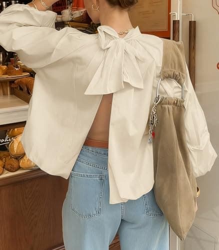Tankaneo Womens Babydoll Tops Puff Long Sleeve Open Back Bow Tie Blouses Bubble Mock Neck Pleated Shirts Apricot - Thumbnail 5