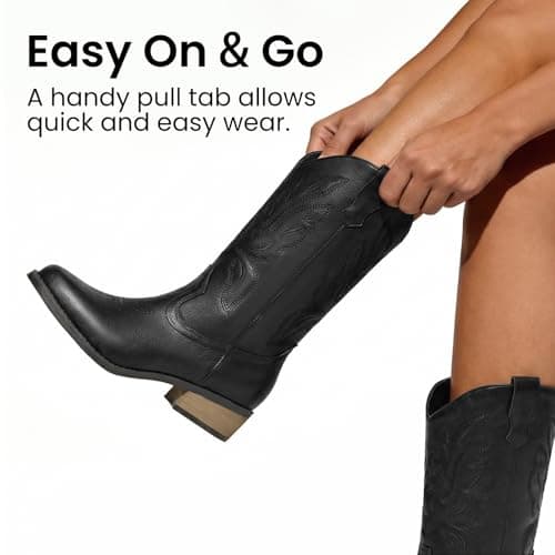 Athlefit Black Cowboy Cowgirl Boots for Women Mid Calf Square Toe Comfortable Chunky Low Heel Mid Calf Boots for Theme Party Country Concert Size 10,SAMB2605W - Thumbnail 4