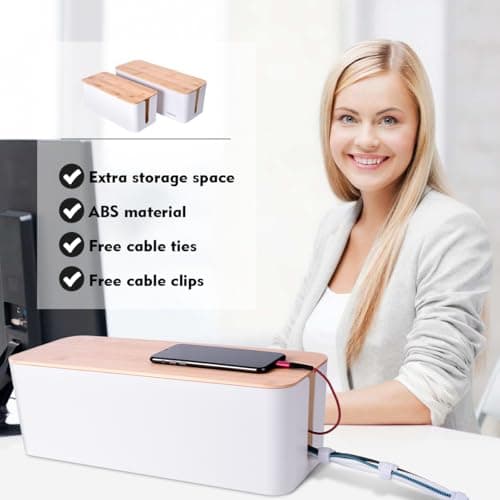 2 Pack Large Cable Management Box – Wooden Style Cord Organizer and Cover for TV Wires, Computer, Router, USB Hub and Under Desk Power Strip – Safe ABS Material and Baby-Pets Proof Lock (White) - Thumbnail 4