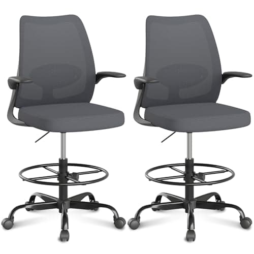 BERYTH Tall Office Chair for Standing Desks,High Desk Drafting Chair with Adjustable Footrest Ring,Ergonomic Lumbar Support,Flip-Up Armrests for Home Office,Grey,2 Box - Image 1