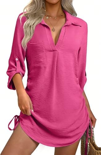 GKBK Women Swimsuit Coverup Bathing Suit Cover Ups for Swimwear Swim 2026 Summer Outfits Fashion Clothes Pool Bikini Beach Wear Drawstring Casual Dress Shirt Rose Red L - Image 1