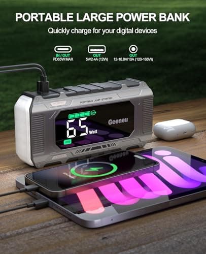Geeneu Car Battery Charger Jump Starter, 8000A Portable Jumper Starter with PD 65W Quick Charger, Jump Box 12V Battery Booster Jump Pack for All Gas/10L Diesel,Large Screen,150W DC, Lights - Thumbnail 4