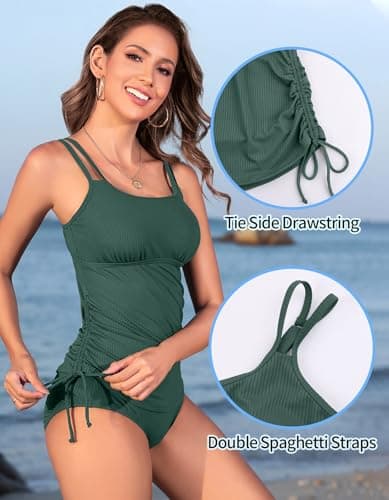 ANFILIA Two Piece Tankini Swimsuit for Women Ribbed Fabric Tummy Control Tankini Top with Bottom Bathing Suits - Thumbnail 2