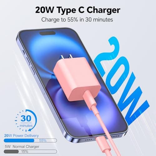 CXEVGBN Compatible with Phone USB C Charger Fast Charging,20W Type C Charger Block with 10FT USB C to C Cable(2Pack), Fast Charging Cable for Phone 17/16/15 Pro/Pro Max/Plus,Pad Pro/Air, Pink Blue - Thumbnail 2