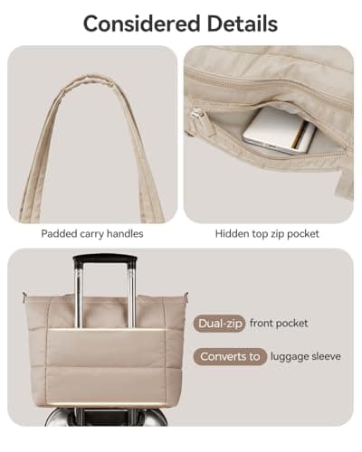 Moyad Puffer Tote Bag for Women, Quilted Work Bags with Compartments, Puffy Handbag for Everyday, Work, Travel, Gym, Khaki - Thumbnail 5