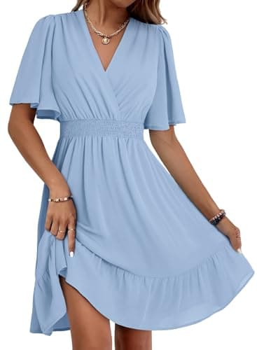 Dokotoo Womens Dresses Deep V Neck Elegant Ruffle Mini Dress 2026 Fashion Summer Outfits Elegant Party Wedding Guest Solid Color Flowy Dresses Cute Waist Short Skirt Dress Beau Blue XX-Large - Image 1