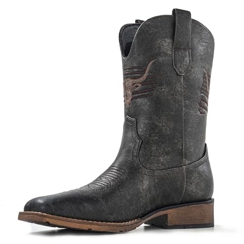 MacePhenoMelon Square Toe Cowboy Boots for Men Classic Western Boots Black Men's Pull On Retro Chunky Short Country Boots BTT-G-11.5 - Image 1
