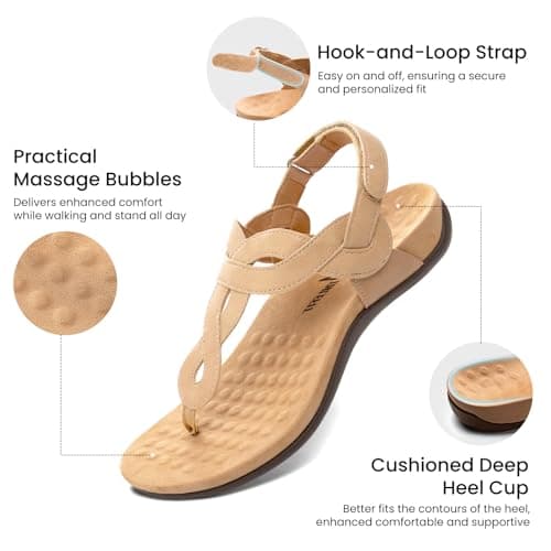 Athlefit Comfortable Orthopedic Sandals for Women Thong Dressy Orthotic Casual Summer with Arch Support Nude Sandals Size 9.5 - Thumbnail 4